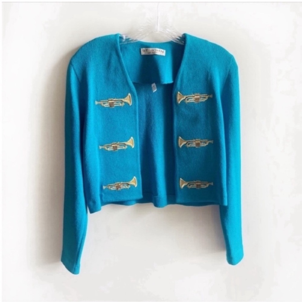 St. John Separates cardigan blue vintage trumpets embroidered